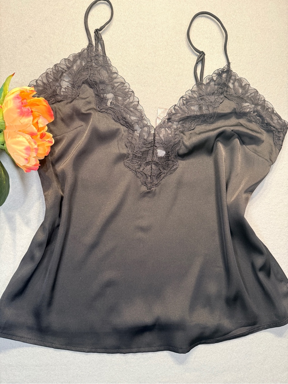 Auden Black LuxeSatin Lace-Trim Cami size XS #0111 #sleepwear
